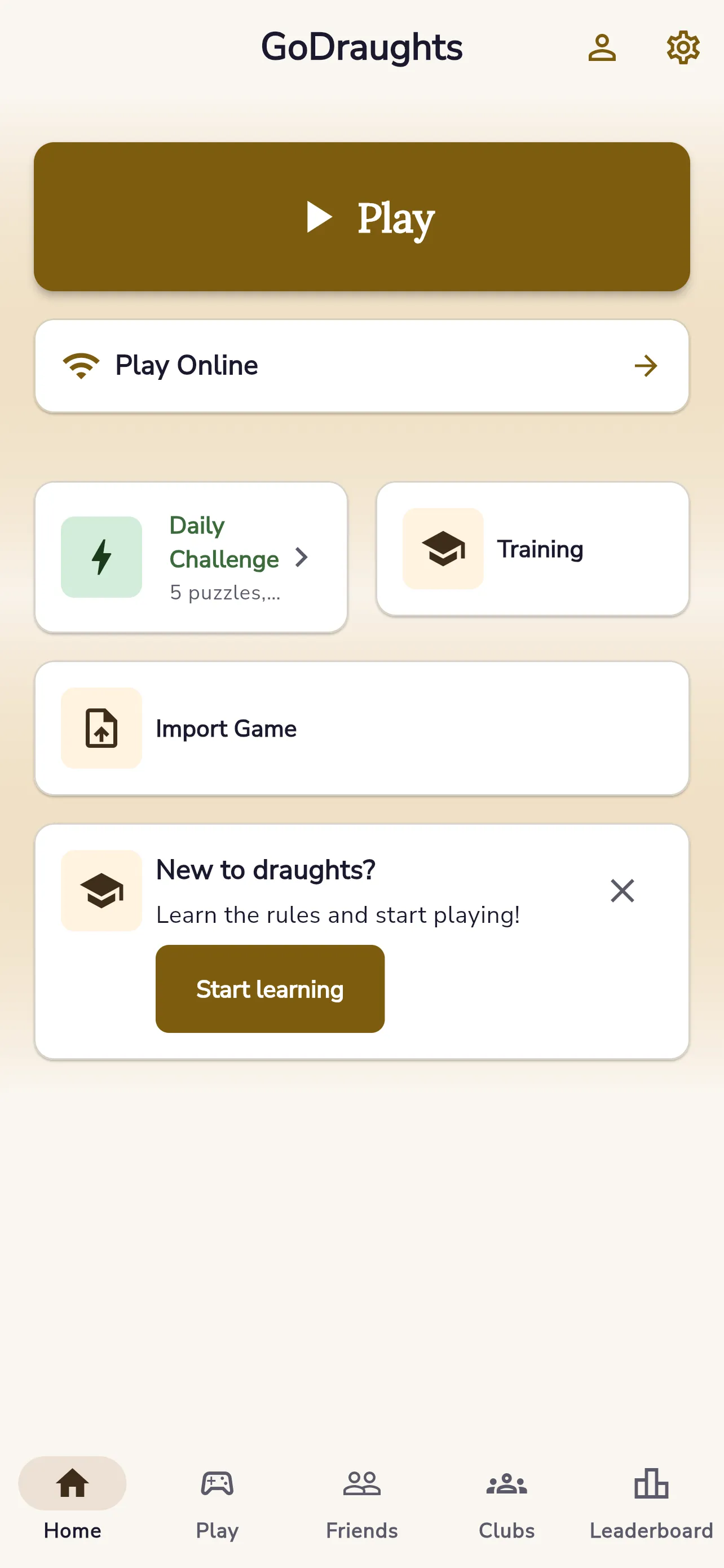 GoDraughts — startscherm